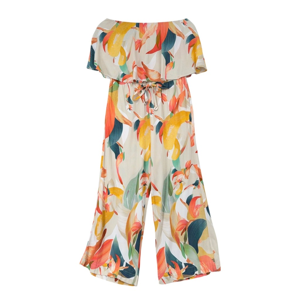 Shore Womens Tropical Floral Off Shoulder Wide Leg Jumpsuit Cream Orange Small